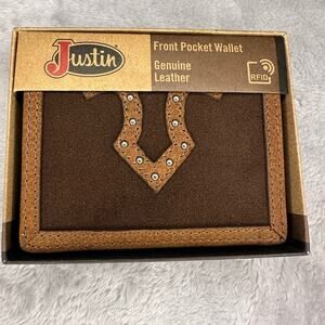 Justin RFID Front Pocket Wallet‎ Brown Genuine Leather Suede Western Boot Stitch